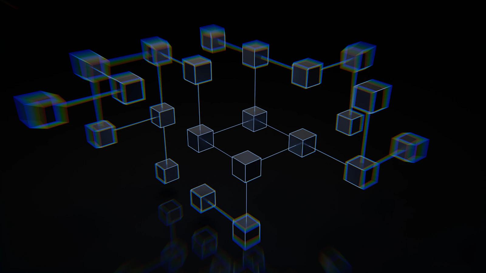Renderização abstrata de estruturas conectadas em tons escuros, representando arquitetura de nuvem